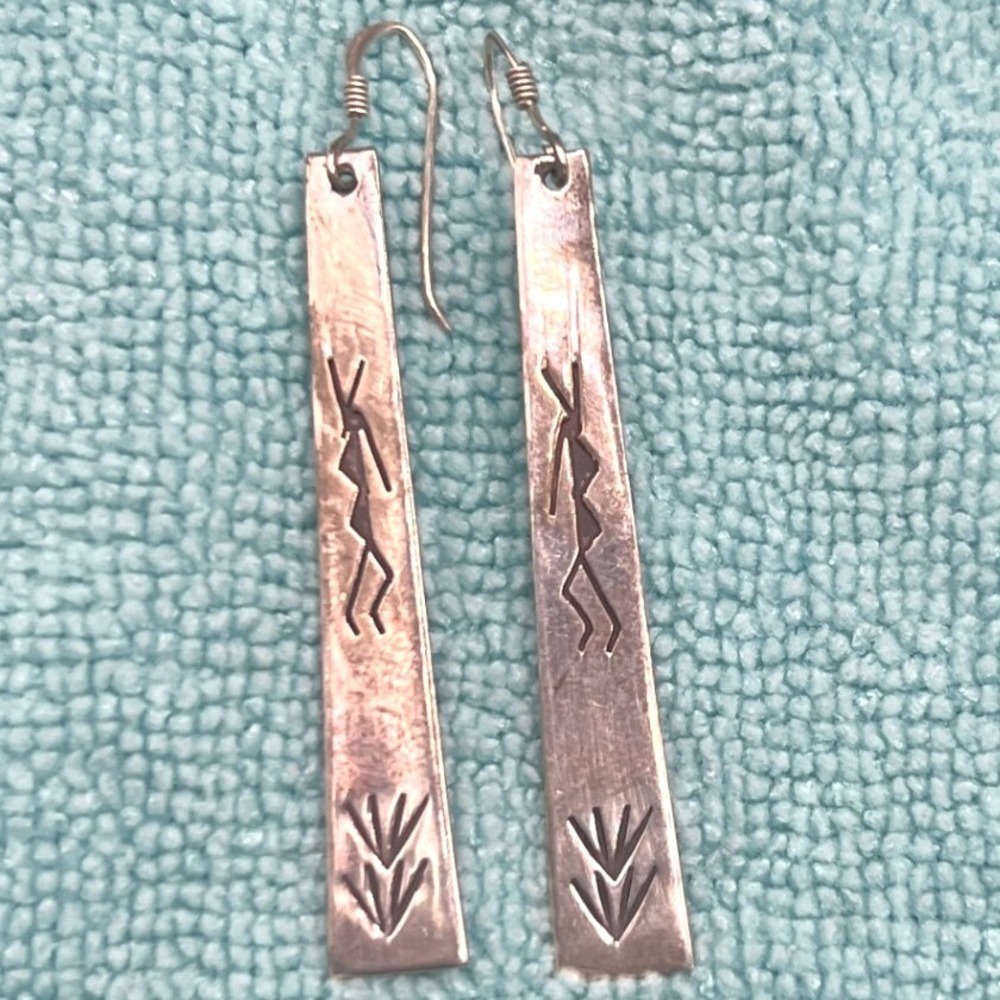 Vintage Sterling Silver Southwestern Earrings Dangle Kokopelli Sprout Symbols - Picture 6 of 9